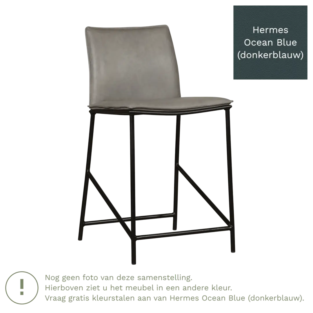 afbeelding van Leren barkruk laag Favor - Hermes Ocean Blue (donkerblauw) - poten staal rond zwart
